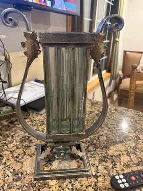 Source Unknown Brass-Toned Metal Vase with Green Glass Tubes